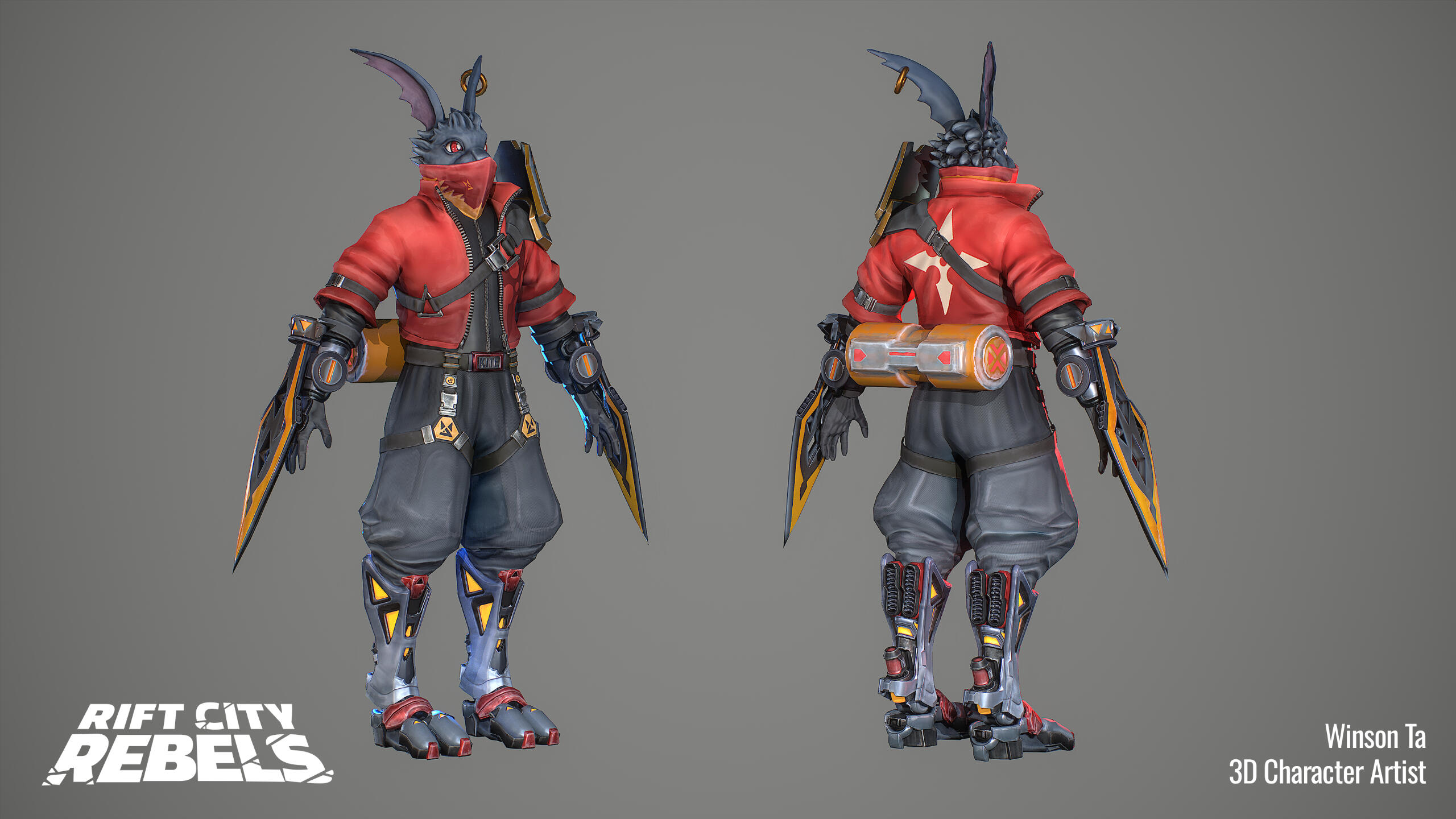 A font and back shot of the character model Kite from Rift City Rebels.
