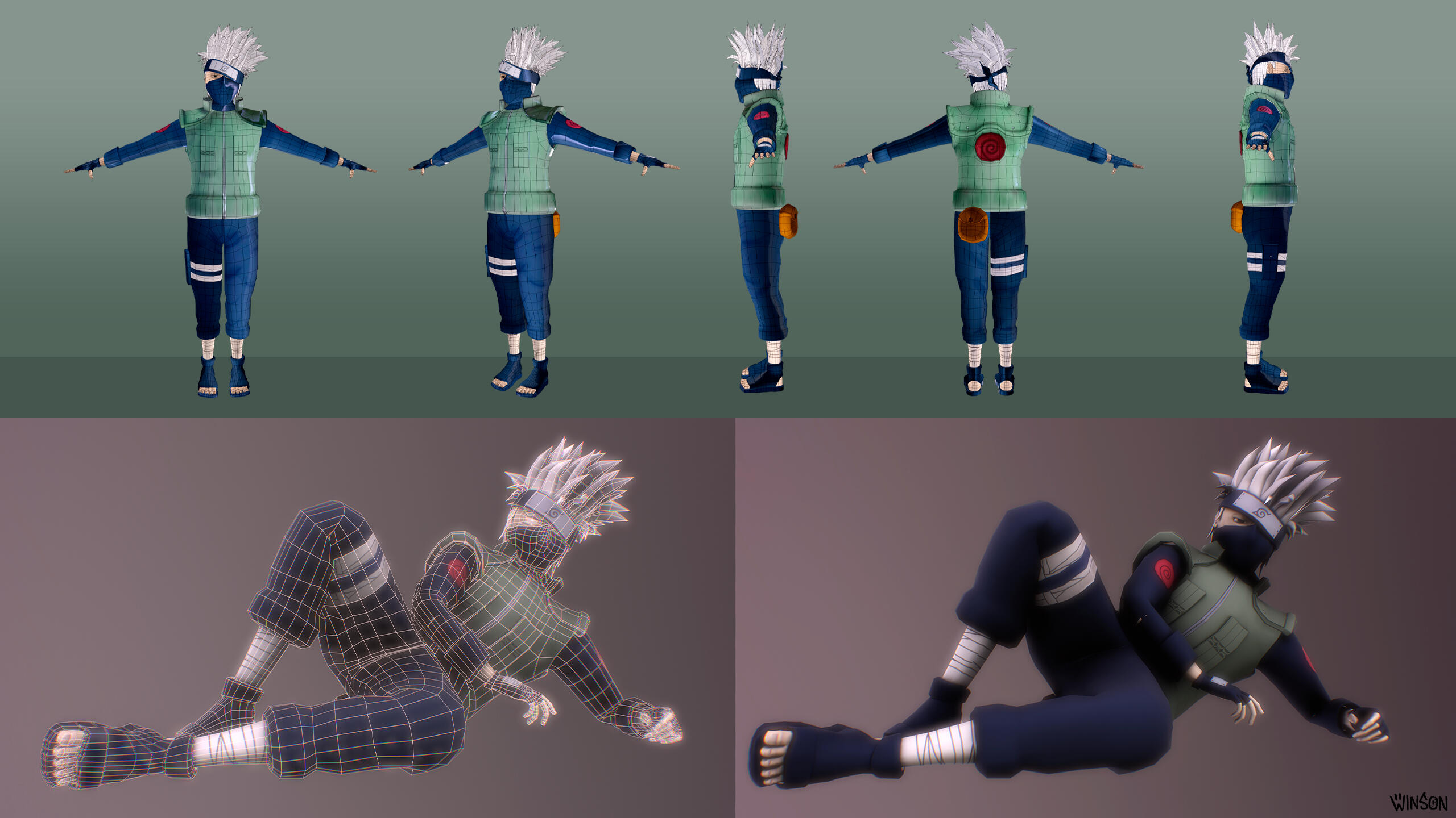Kakashi low poly 3D model turnaround and posed